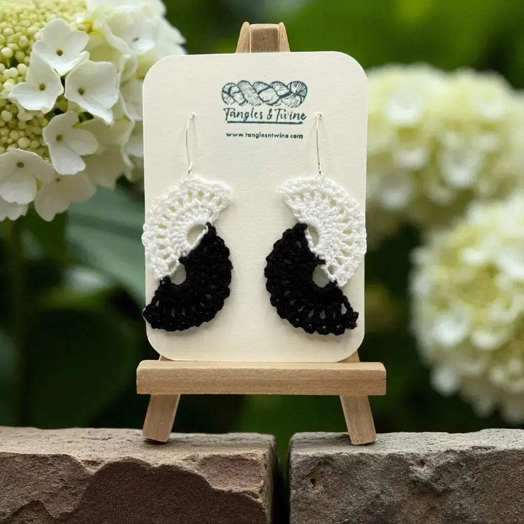 Crocheted Earrings -Angel Wings in Black and White #2 Tangles & Twine
