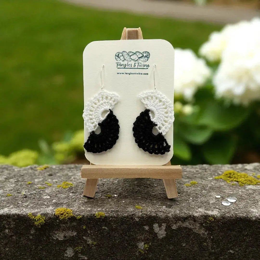 Crocheted Earrings -Angel Wings in Black and White #2 Tangles & Twine