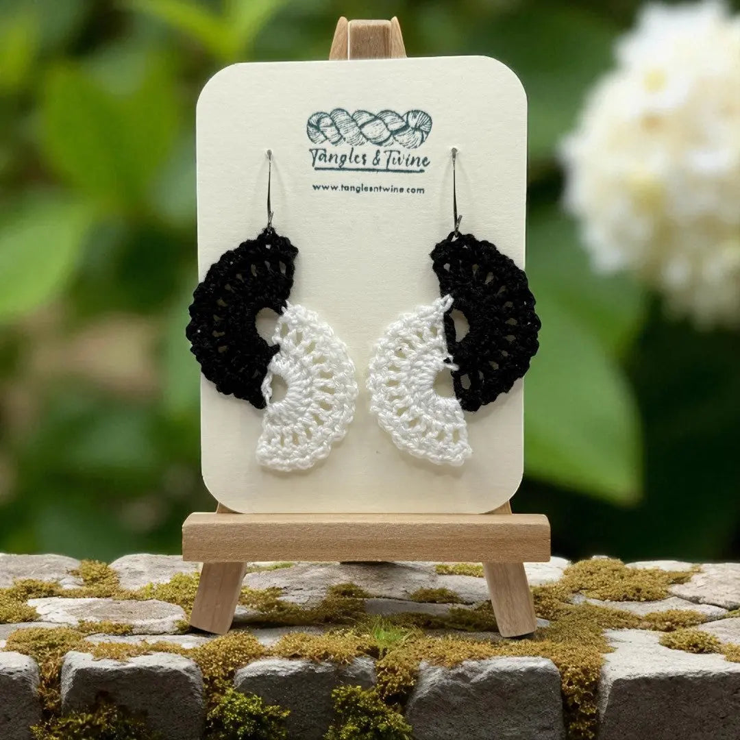 Crocheted Earrings -Angel Wings in Black and White #2 Tangles & Twine
