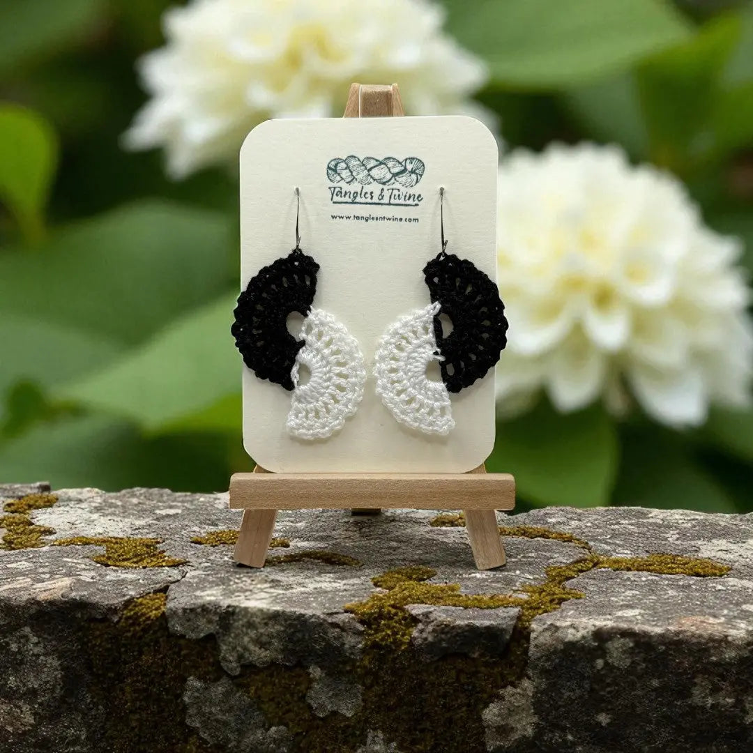 Crocheted Earrings -Angel Wings in Black and White #2 Tangles & Twine
