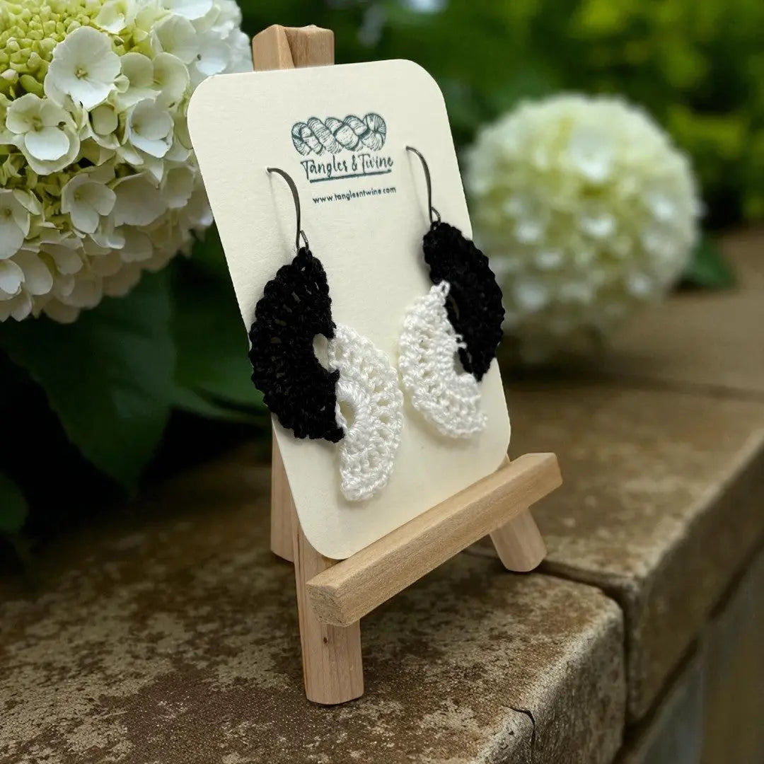 Crocheted Earrings -Angel Wings in Black and White #2 Tangles & Twine