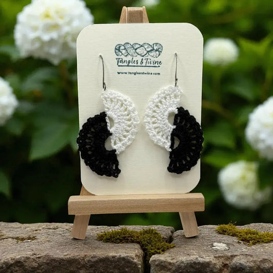 Crocheted Earrings -Angel Wings in Black and White #3 Tangles & Twine