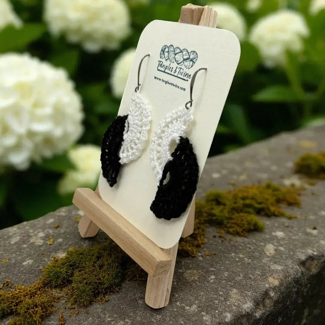 Crocheted Earrings -Angel Wings in Black and White #3 Tangles & Twine