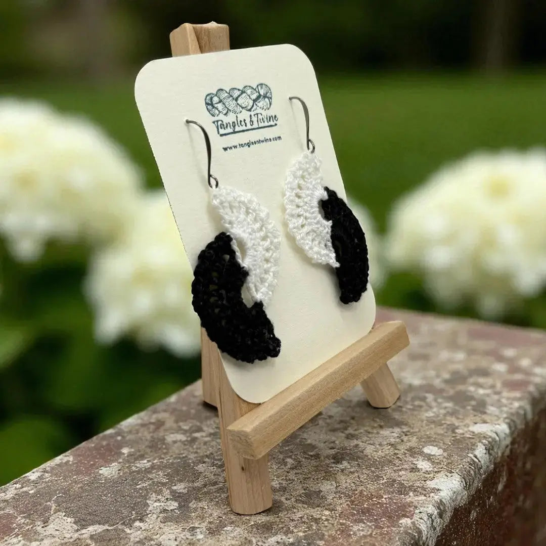 Crocheted Earrings -Angel Wings in Black and White #3 Tangles & Twine