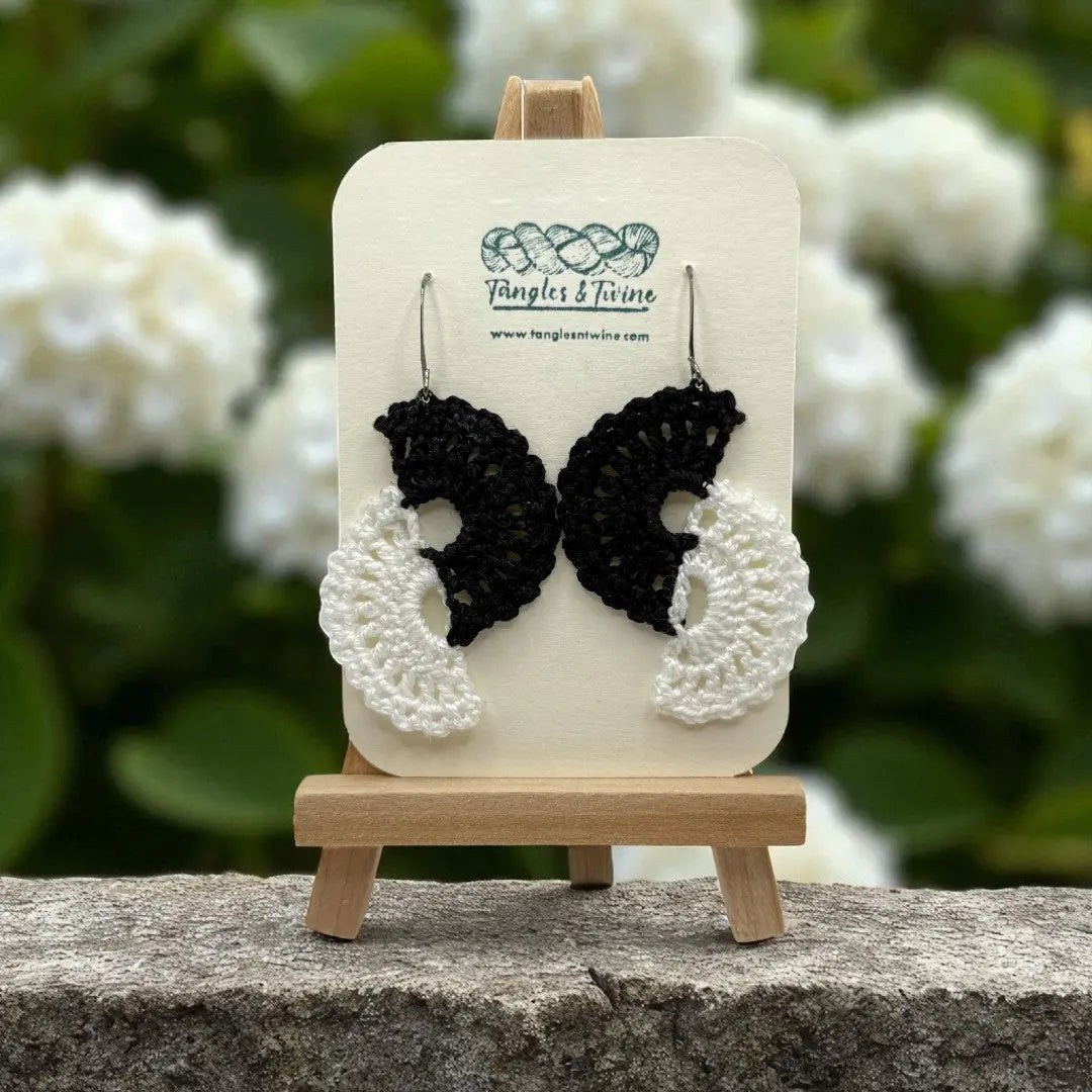 Crocheted Earrings -Angel Wings in Black and White #5 Tangles & Twine