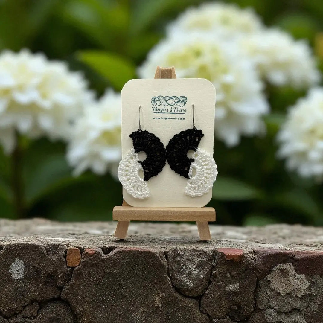Crocheted Earrings -Angel Wings in Black and White #5 Tangles & Twine
