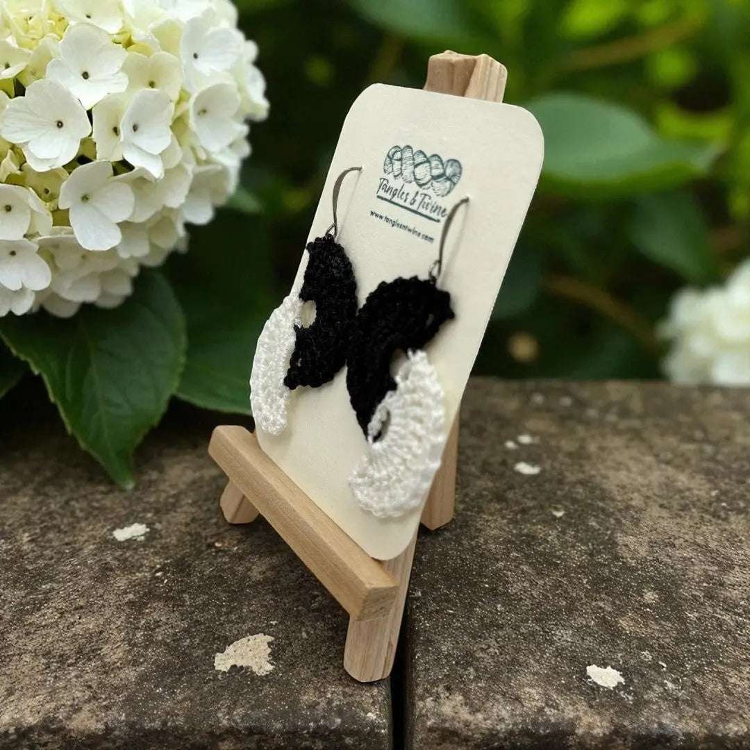 Crocheted Earrings -Angel Wings in Black and White #5 Tangles & Twine