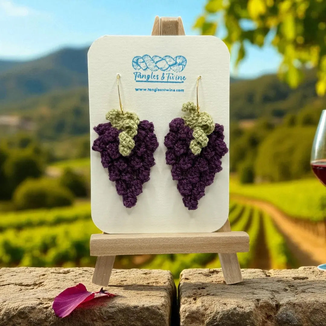 Crocheted Earrings: Grape Earrings in Bordeaux (#11) Tangles & Twine