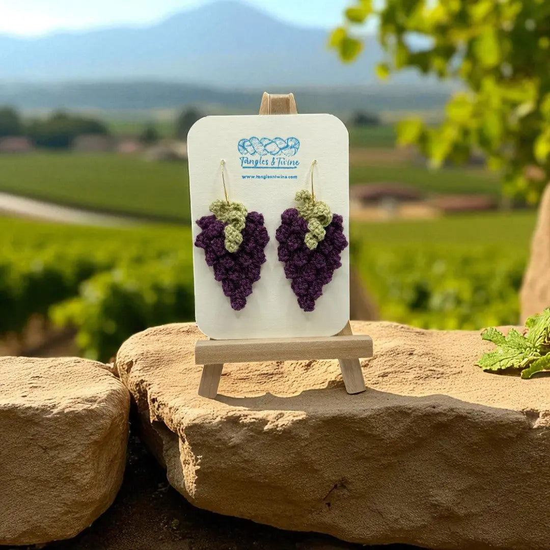 Crocheted Earrings: Grape Earrings in Bordeaux (#11) Tangles & Twine