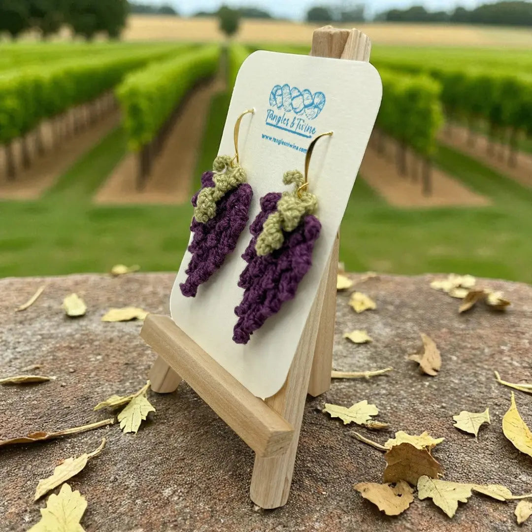 Crocheted Earrings: Grape Earrings in Bordeaux (#11) Tangles & Twine