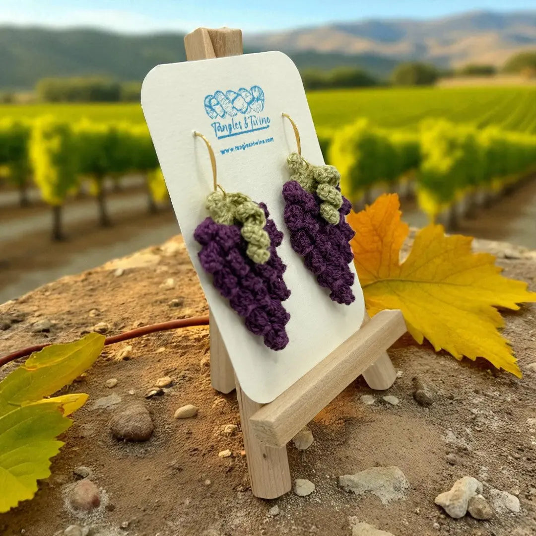 Crocheted Earrings: Grape Earrings in Bordeaux (#11) Tangles & Twine