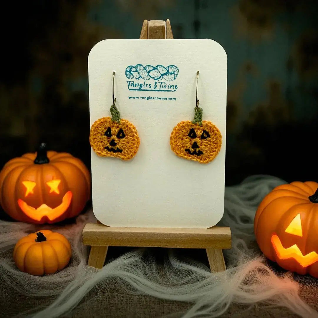 Crocheted Earrings: Jack O'Lantern (#1) Tangles & Twine
