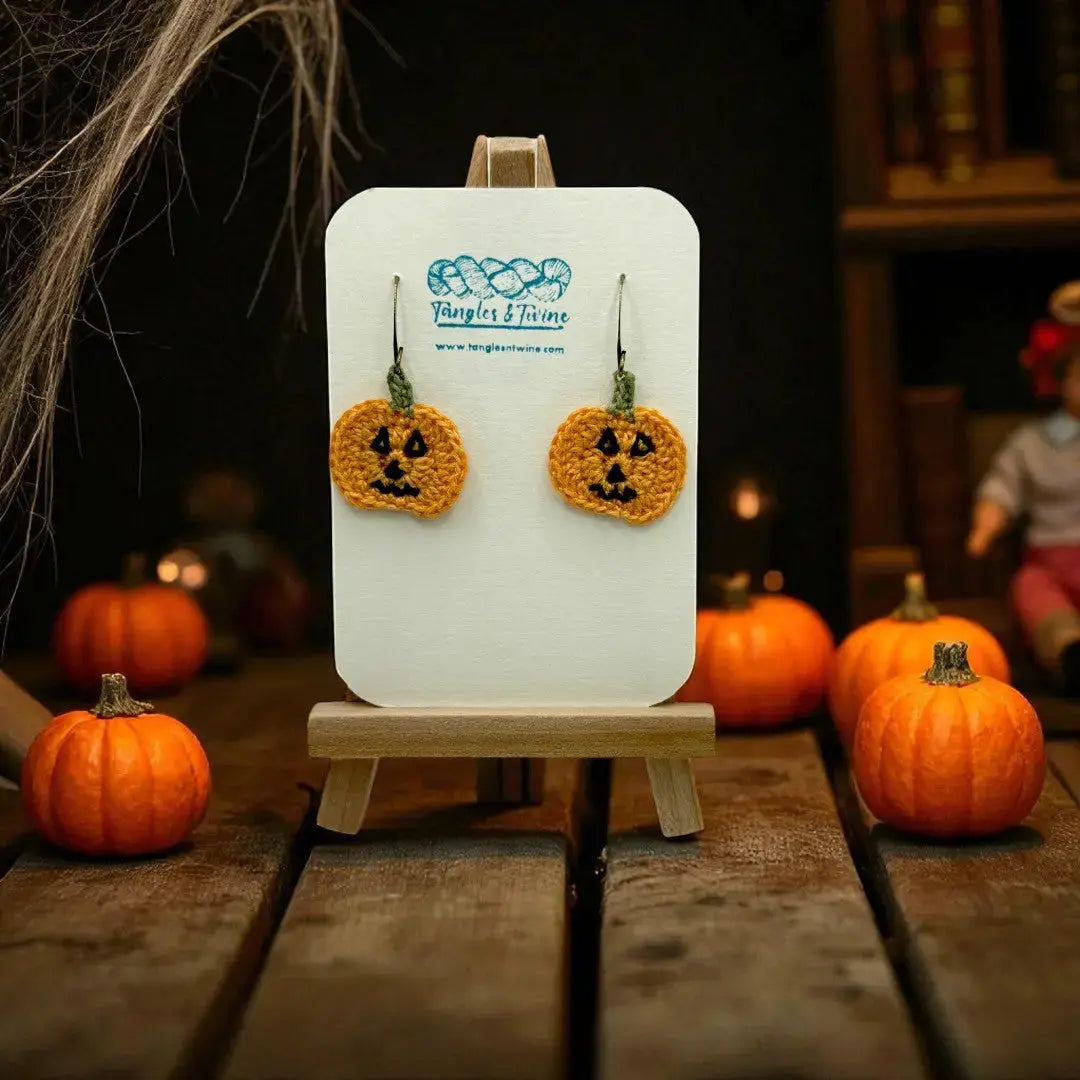 Crocheted Earrings: Jack O'Lantern (#1) Tangles & Twine