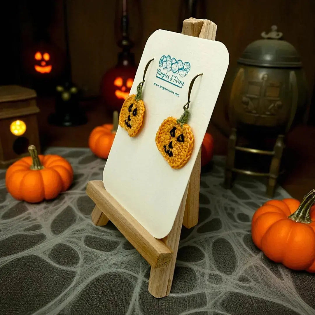 Crocheted Earrings: Jack O'Lantern (#1) Tangles & Twine
