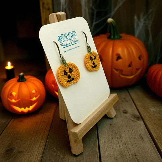 Crocheted Earrings: Jack O'Lantern (#1) Tangles & Twine