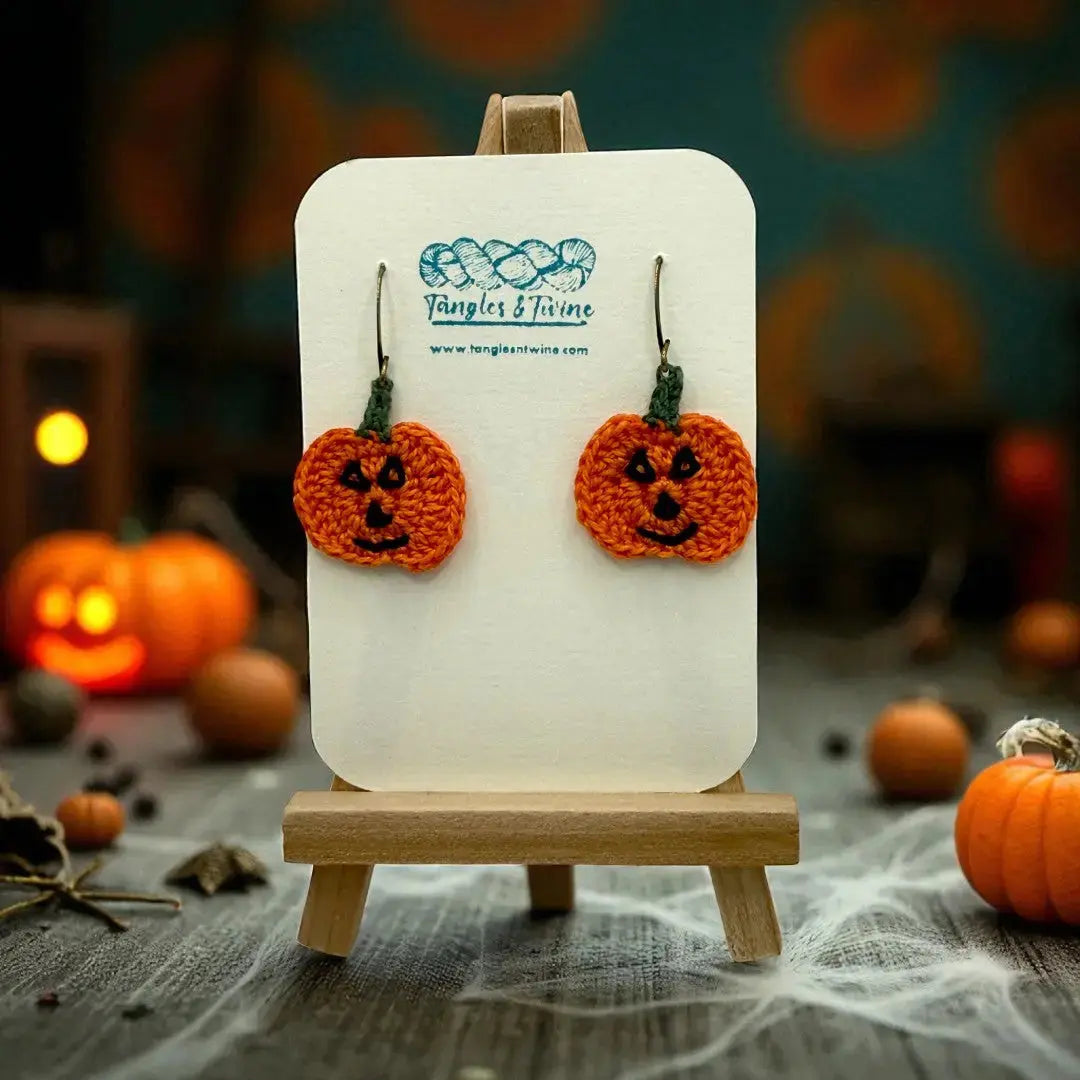 Crocheted Earrings: Jack O'Lantern (#3) Tangles & Twine
