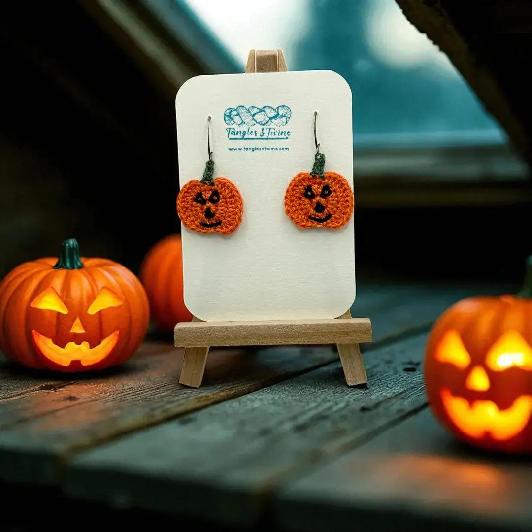Crocheted Earrings: Jack O'Lantern (#3) Tangles & Twine