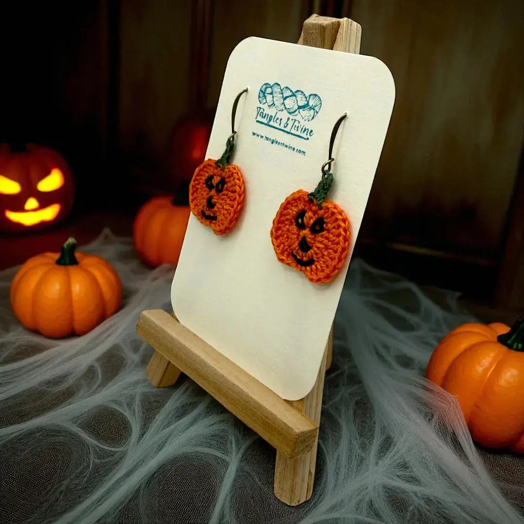 Crocheted Earrings: Jack O'Lantern (#3) Tangles & Twine