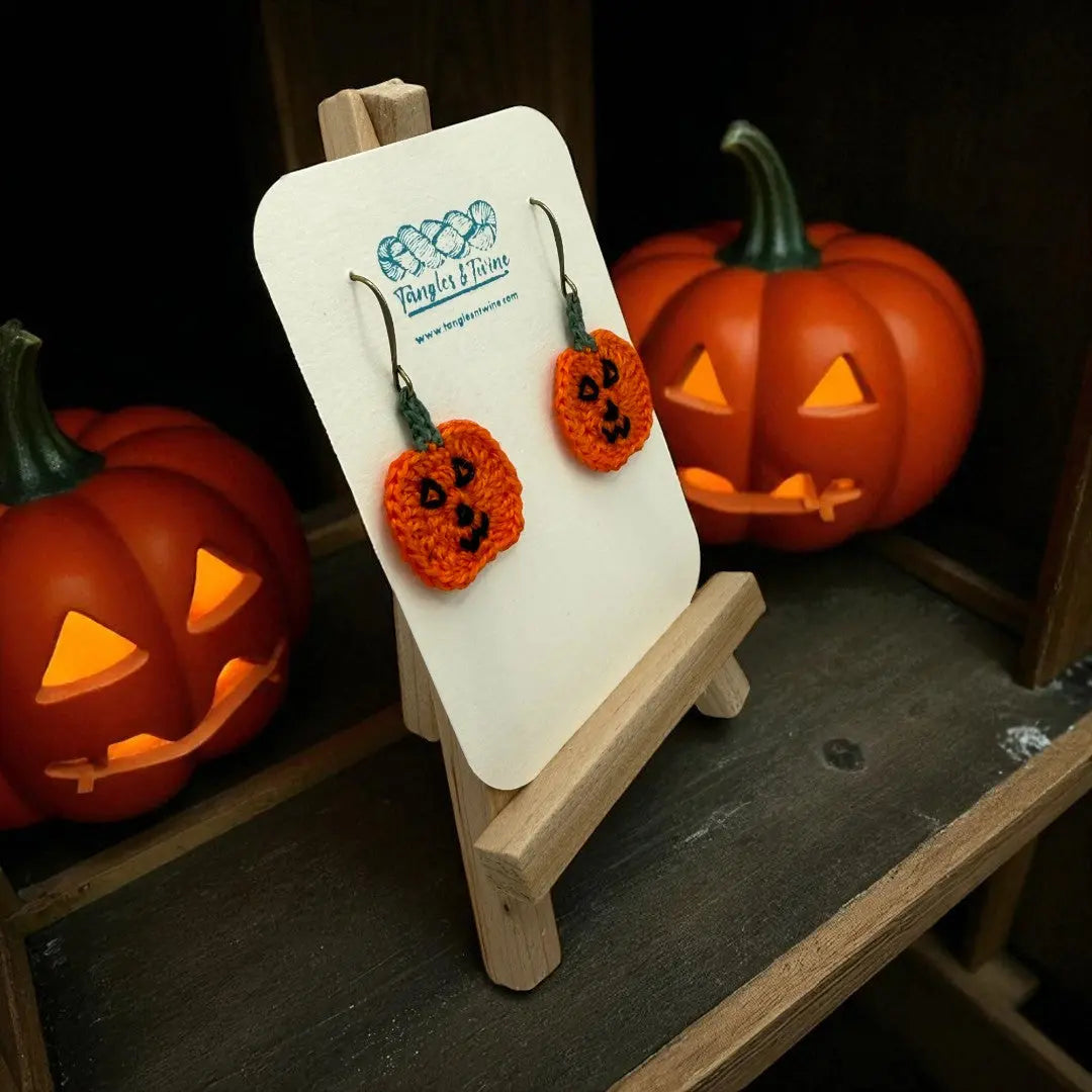 Crocheted Earrings: Jack O'Lantern (#4) Tangles & Twine
