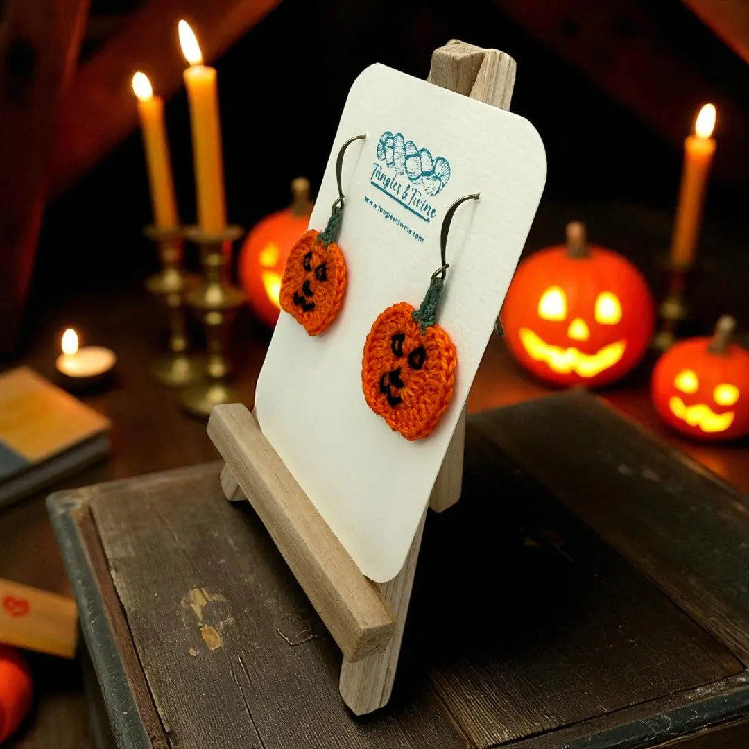 Crocheted Earrings: Jack O'Lantern (#4) Tangles & Twine