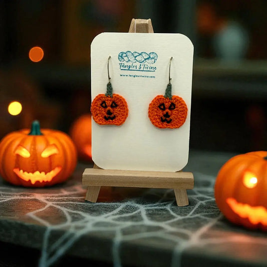 Crocheted Earrings: Jack O'Lantern (#4) Tangles & Twine