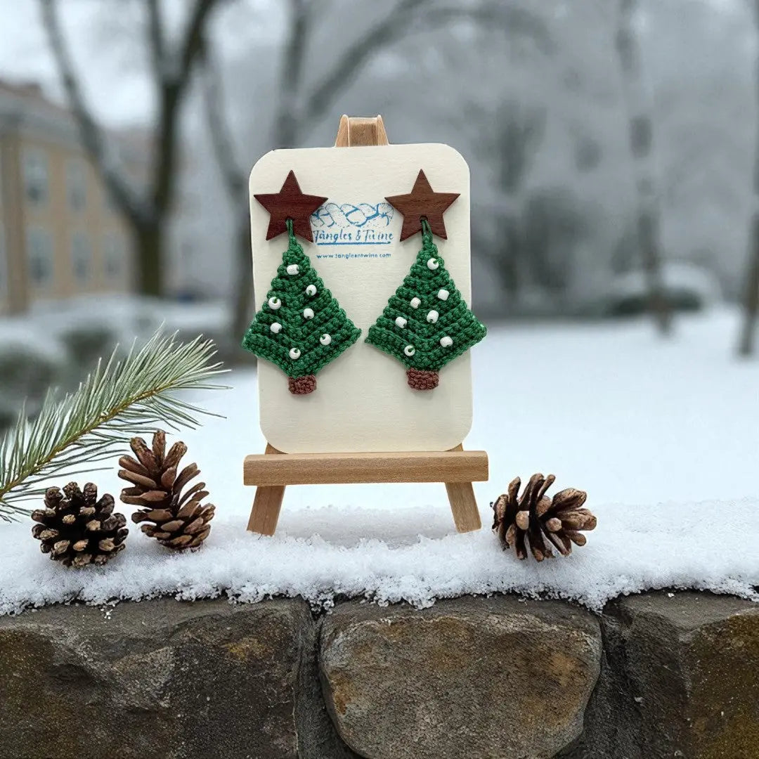 Crocheted Earrings: Christmas Tree (#1) Tangles & Twine